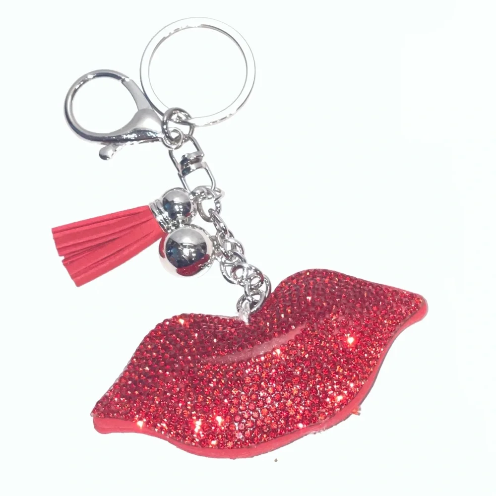 Puff Rhinestone Red Lip Keychain Bag Charm